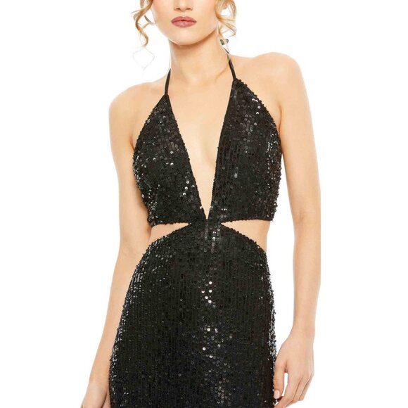 NWT Mac Duggal Silver Cut Out Halter Tie Back Sequin Gown Black 4 #8568 - Picture 2 of 10